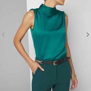 White House Black Market Green Sleeveless Blouse with Mandarin Collar